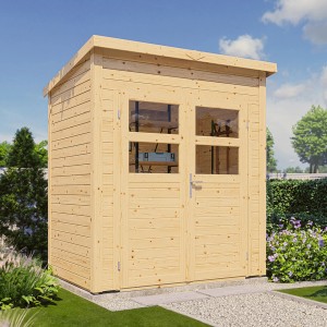 Bertilo Holz-Gartenhaus Felix, 181x122 cm, Natur, mit Doppeltür und Lichtausschnitten.