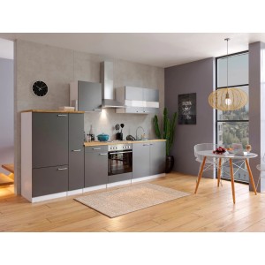 Moderne Respekta Küchenzeile KB300WG, 300 cm, in Grau-Weiß mit Nussbaum Arbeitsplatte.