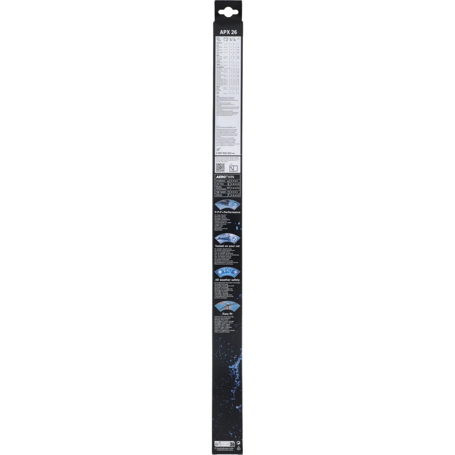 Verpackung des Bosch Aerotwin APX26 Wischblatts, 65 cm lang, für klare Sicht.