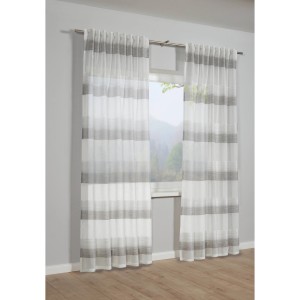 Bennetti Schal Grau: Transparenter Fenstervorhang mit grauen Querstreifen und Gardinenband.