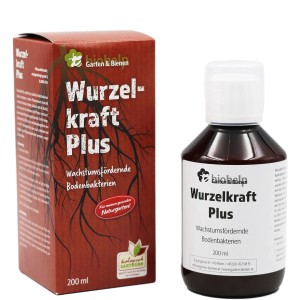 Biohelp Wurzelkraft Plus: Pflanzenstärkungsmittel mit wachstumsfördernden Bodenbakterien im braunen Behälter und Karton.