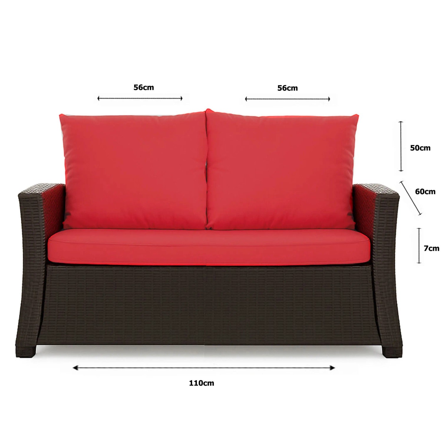 Rotes Gartenkissen Set für 2-Sitzer Polyrattan Sofa, 110x60x50 cm. Sitzkissen & Rückenkissen.