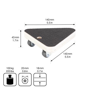 Dreieckige Wagner Transporthilfe aus Pappelholz mit 3 Rollen, Tragkraft 100 kg.