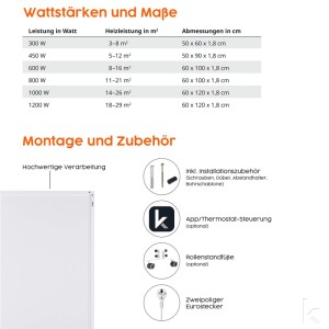 Könighaus Infrarotheizung 600W: Details zu Wattstärke, Maße, Montage und Zubehör.