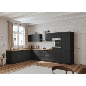 Moderne graue/graphitfarbene Held Winkelküche Kempten (360 cm) ohne E-Geräte.