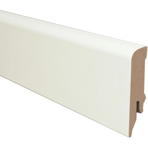 Grundierte, runde MDF Sockelleiste, 70x16x2600 mm, zur individuellen Gestaltung.