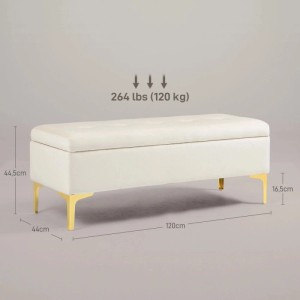 Beige HOMCOM Sitzbank mit Stauraum, gepolstert, goldene Metallbeine. Maße: 120x44x44,5 cm. Max. 120 kg.