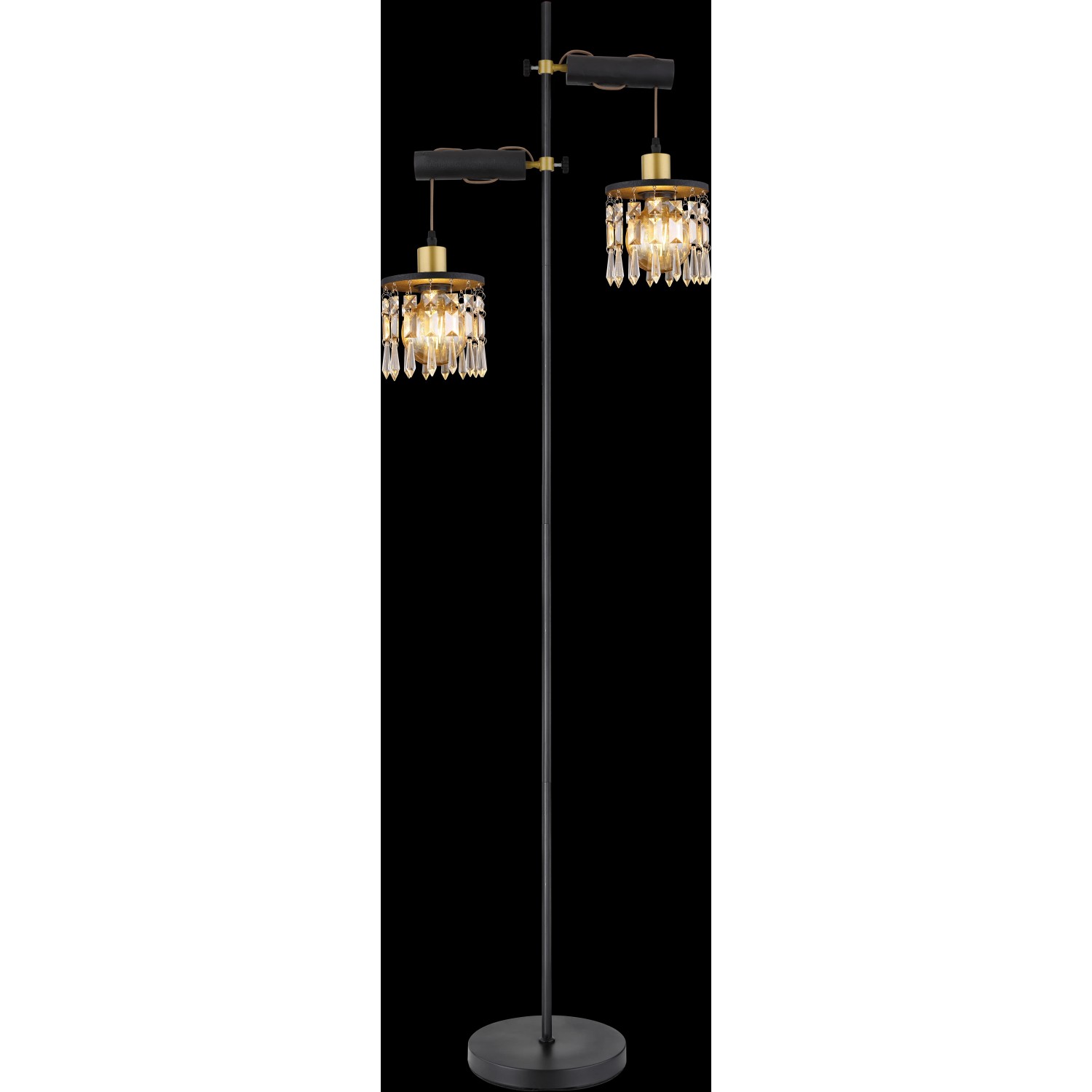 Globo Stehlampe Comma, 2-flammig, schwarz-gold mit Kristallen, 168cm hoch.