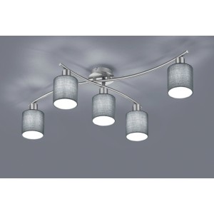 Moderne Trio Deckenlampe Garda, 5-flammig, Nickel matt mit grauen Stoffschirmen.
