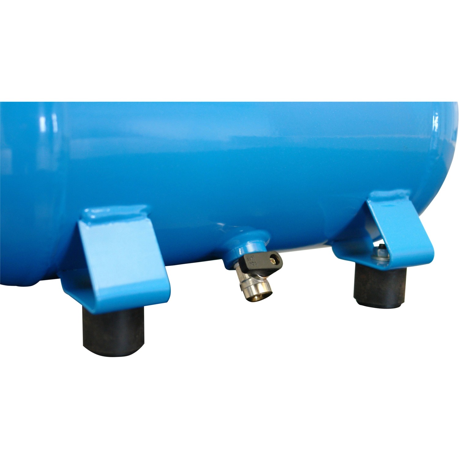 Detailaufnahme: Blauer Güde Kompressor Airpower 190/08/6 mit Ablassventil und Füßen.