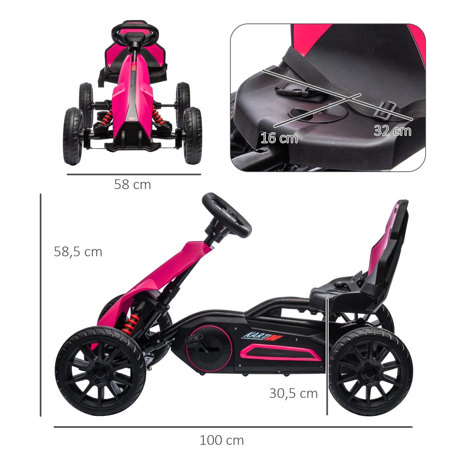 HOMCOM Go-Kart in Pink/Schwarz mit Lenkrad, Pedalen und verstellbarem Sitz. Kinder Tretauto 100x58x58,5 cm.