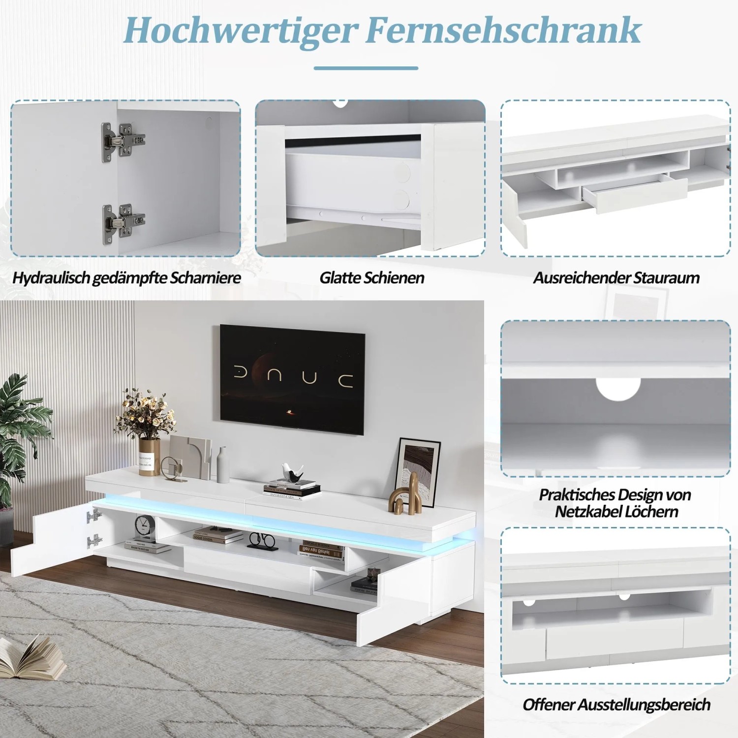 okwish TV Schrank mit LED Hochglanz Schublade Lowboard Wohnzimmer 75 Zoll 175x38x45cm Weiß_4