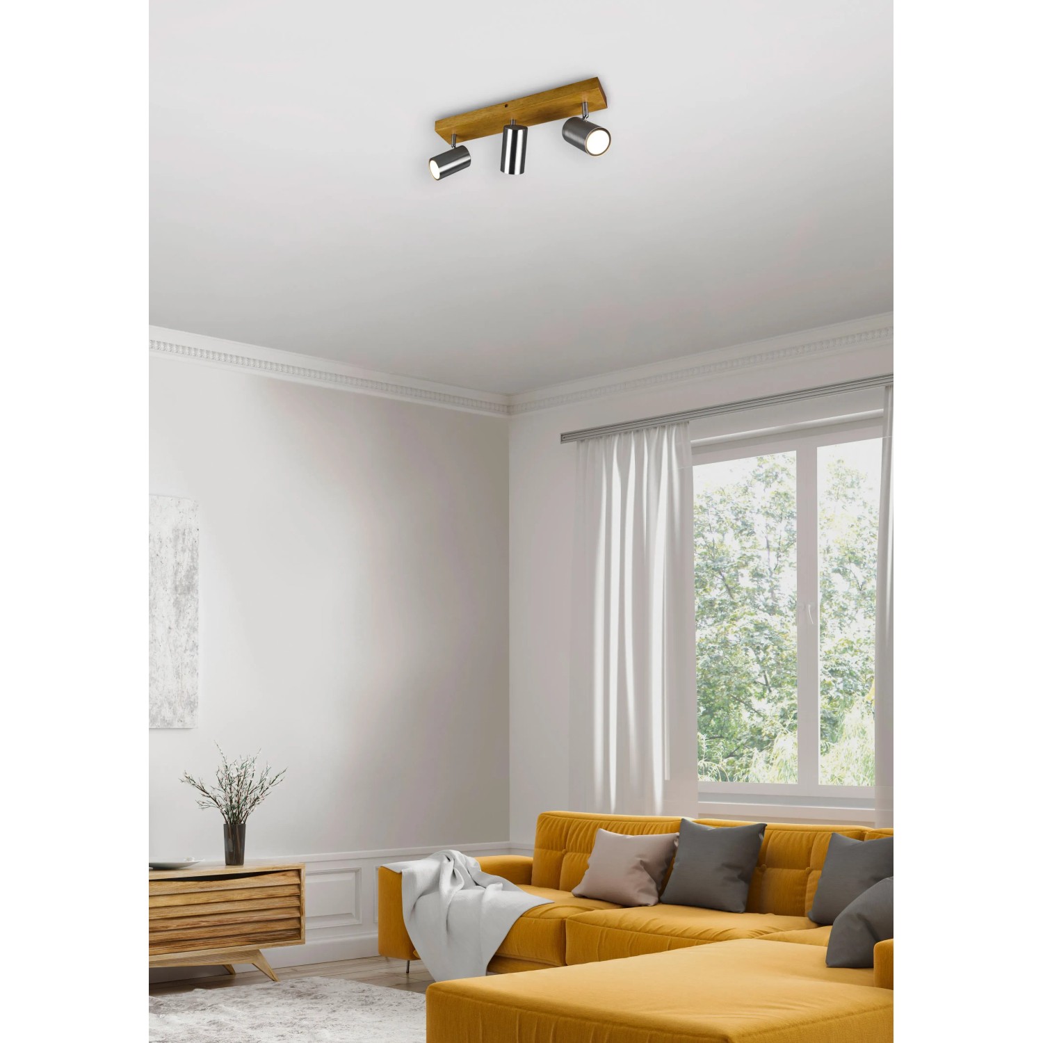 Trio Strahler Marley, 3-flammig, Nickel matt und Holz, für Wohnraumbeleuchtung.