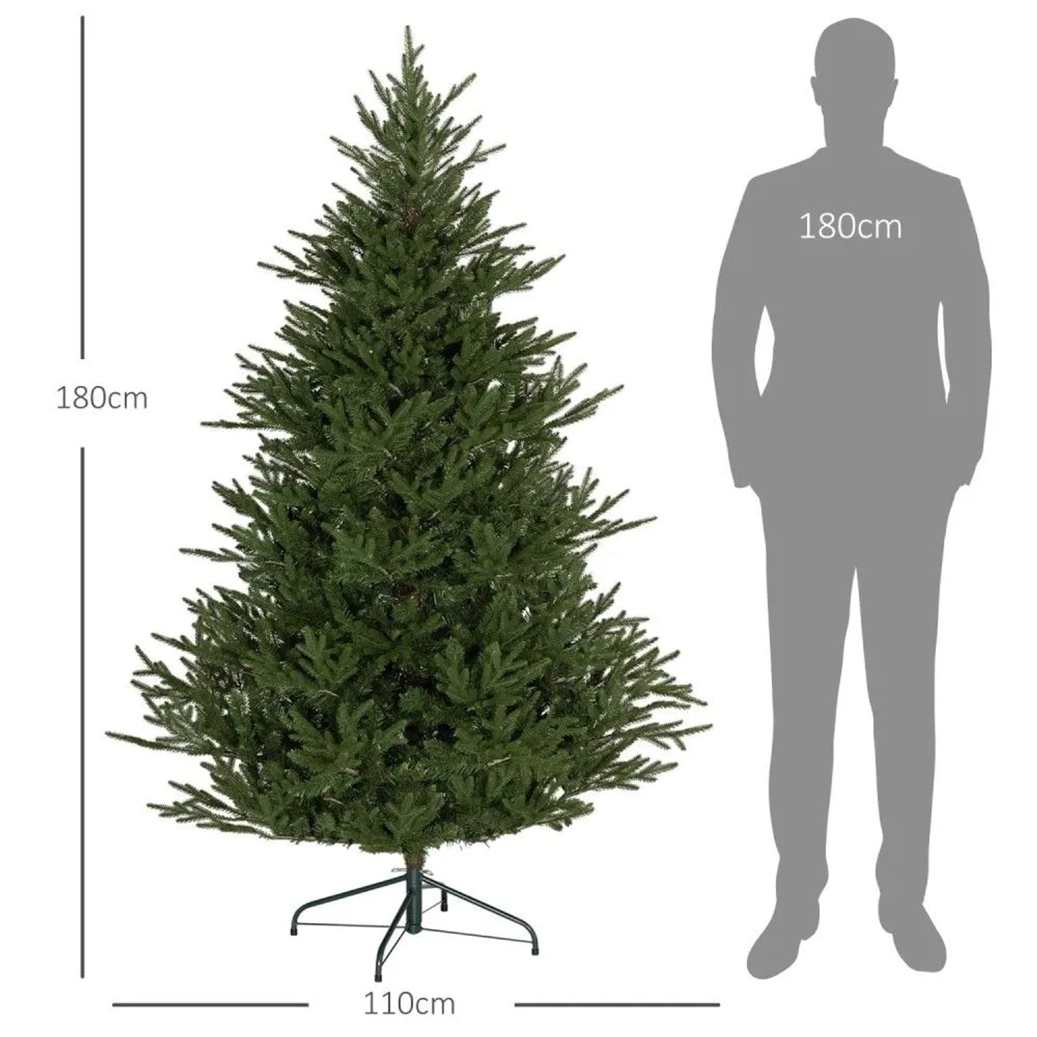 HOMCOM Künstlicher Weihnachtsbaum 180 cm, dicht grün, mit Metallständer. Person zum Größenvergleich.