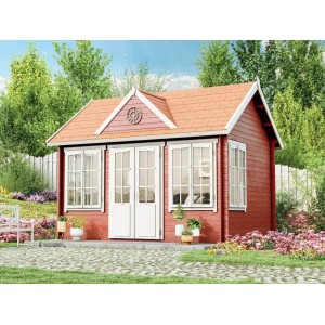 Abbildung des Alpholz Gartenhaus CLOCKHOUSE-28, ein Holz-Gartenhaus mit Satteldach in Rot und Weiß.