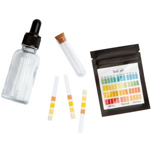 Fyta Bodentest pH-Kit: Flasche, Teströhrchen, pH-Skala und Teststreifen für die Bodenanalyse.