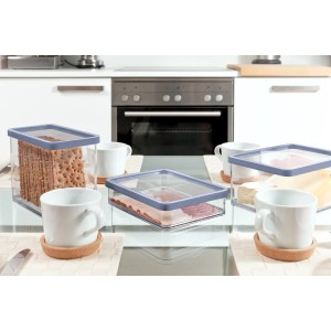 Rotho Vorratsdosen Loft Premium, rechteckig, 2,1 l, transparent mit blauem Deckel, verschiedene Füllungen.