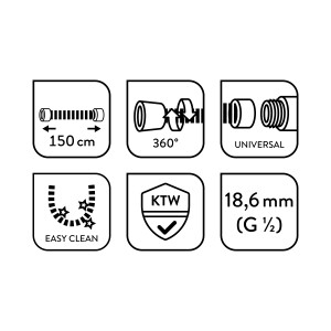 Piktogramme: Baliv Brauseschlauch BSL-150.50 Details (150cm, 360° Schutz, Universal, Easy Clean, KTW)