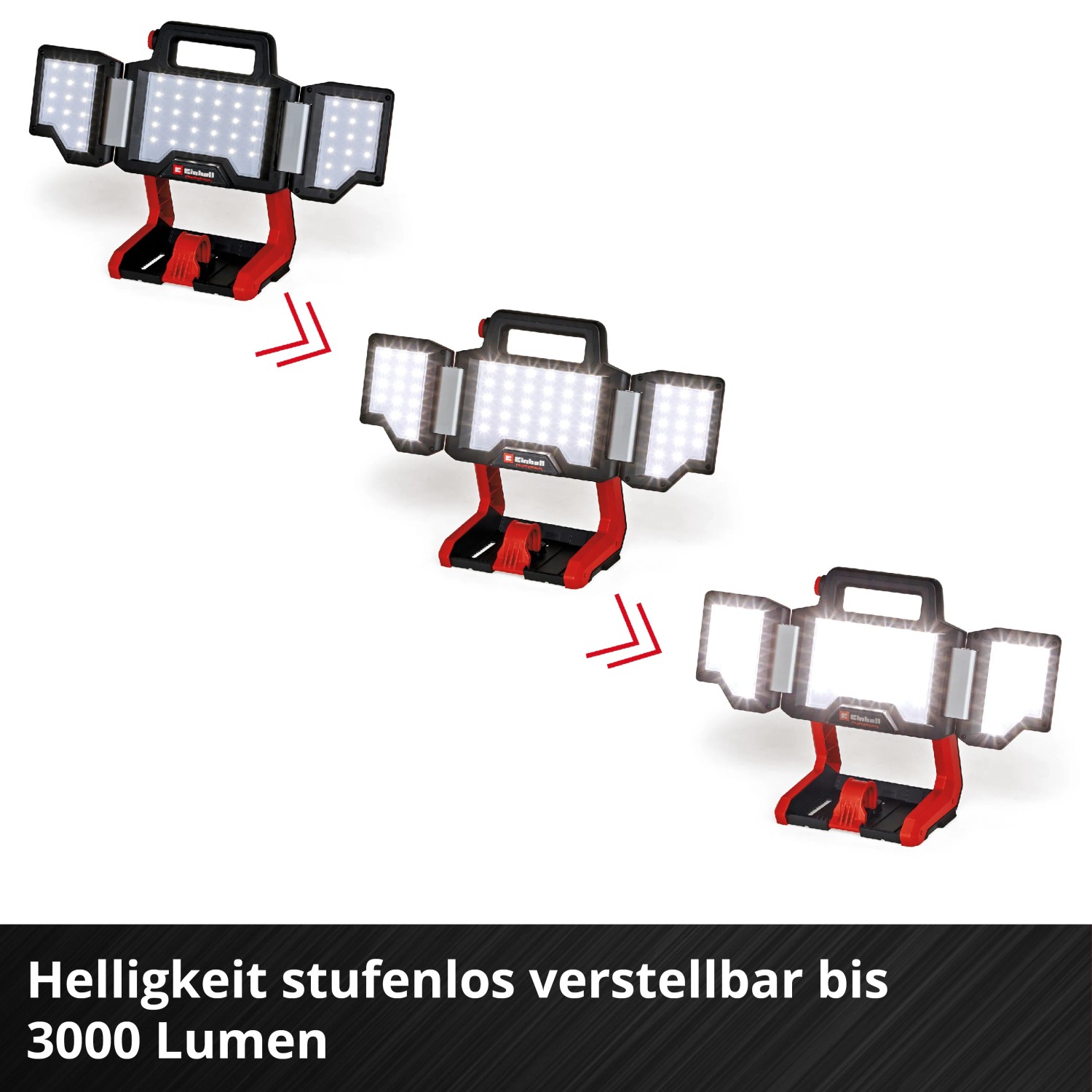 Einhell Akku-Lampe TP-CL 18/3000 Li-Solo: Akku-Baustrahler mit verstellbaren Leuchtpaneelen und Tragegriff.