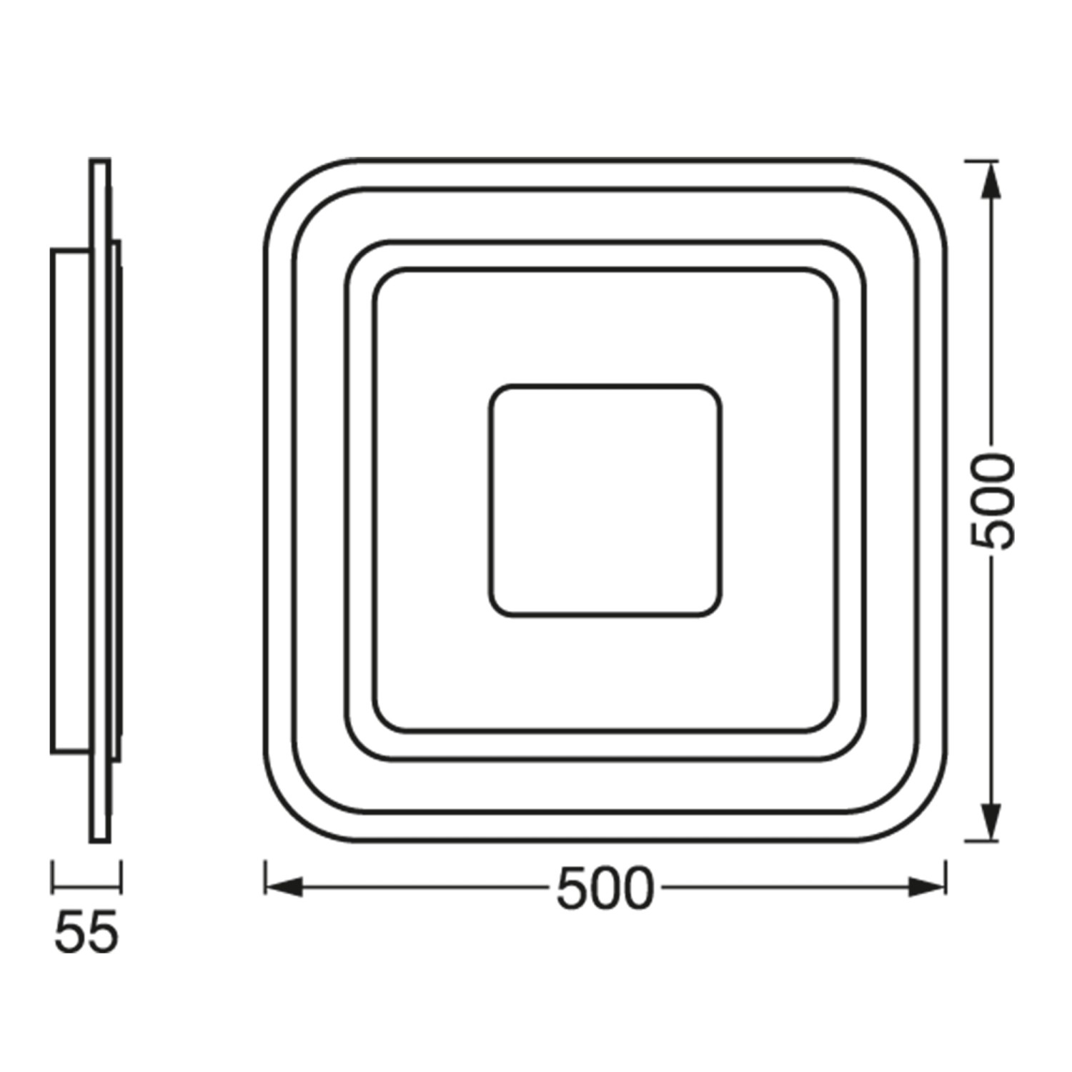 Technische Zeichnung der quadratischen Ledvance Smart+ WiFi Deckenleuchte Orbis Saddie 50 cm mit Maßangaben.