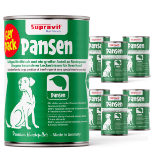 Grüne Supravit Premium Hundenassfutter Dosen mit Pansen, 6er Pack. Mit Hundesilhouette und rotem Etikett.