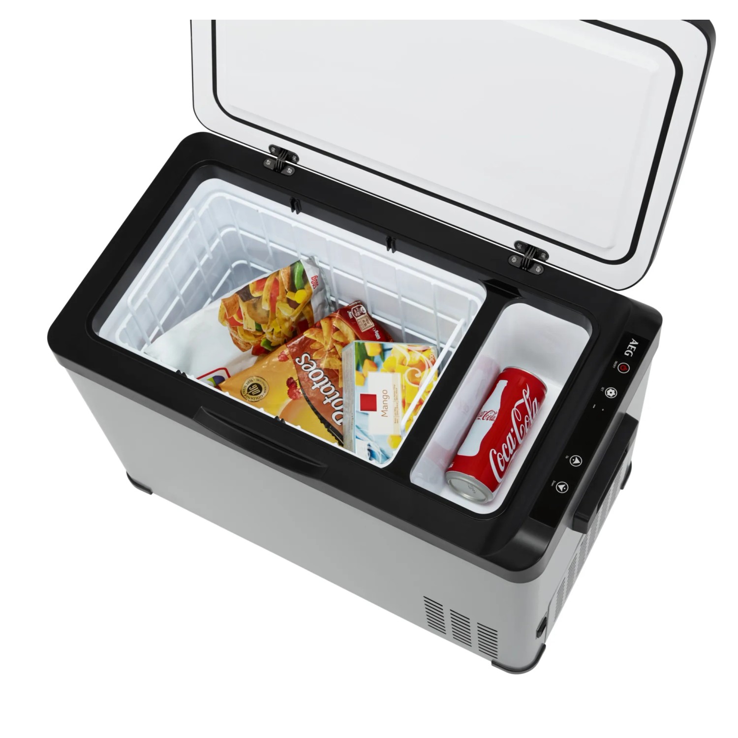 Offene AEG Kompressor-Kühlbox KK 30 Grau-Schwarz (30 l) mit Lebensmitteln und Getränken.