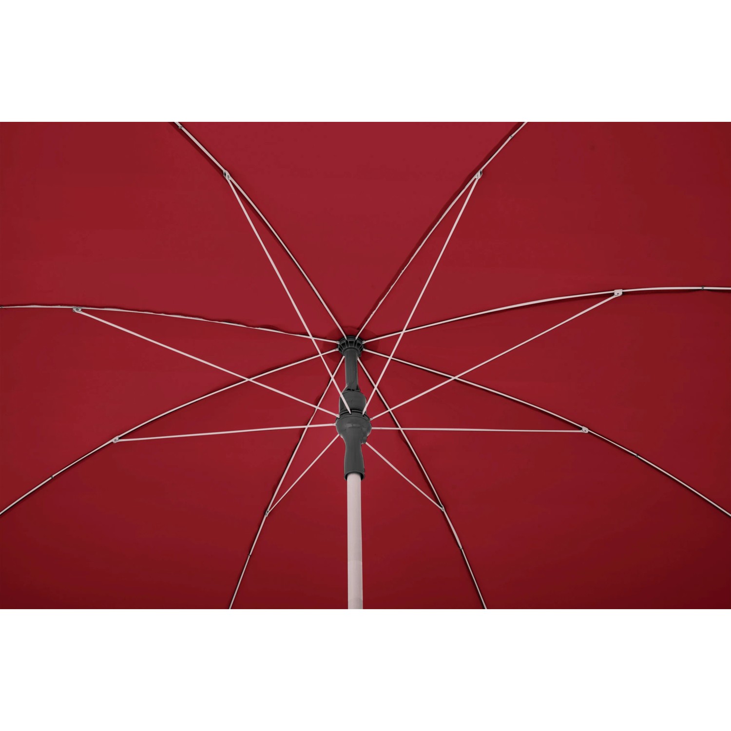 Suncomfort Marktschirm, rot mit weinrot, von unten: Schirmdach, Streben und Mast.