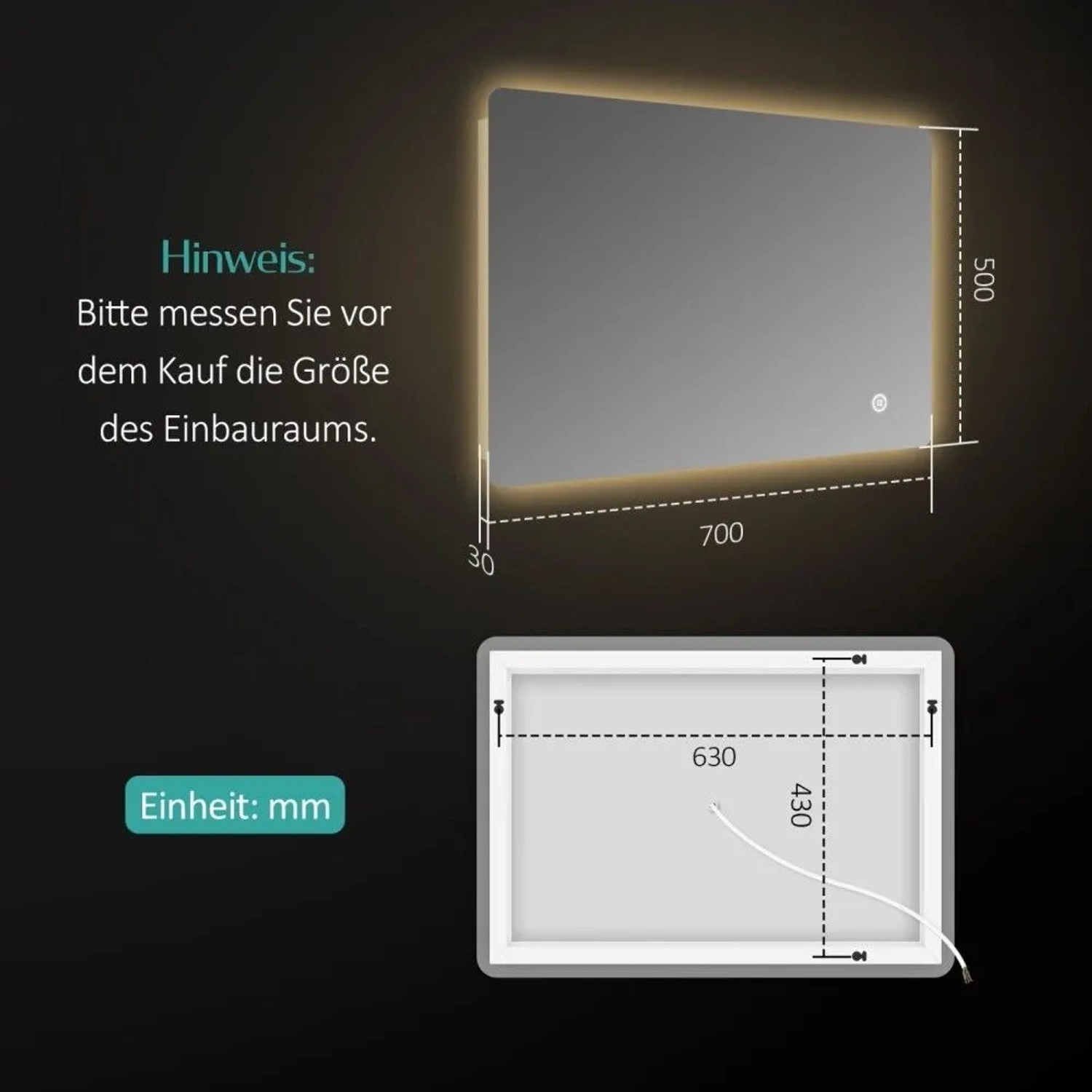 Emke LED Badspiegel 70x50 cm mit beleuchteten Kanten, Touchschalter und Installationsmaßen.