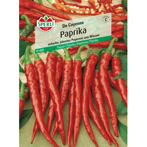Samenpackung Sperli Paprika "De Cayenne" mit roten, scharfen Chilischoten.