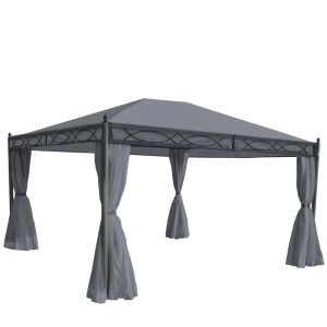 Graue MCW Pergola Calpe 4x3m mit Dach, Seitenwänden und Moskitonetz.