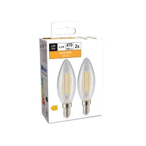 2er-Set E14 LED-Leuchtmittel in Kerzenform, 4,2W, warmweiß, 470lm. Ideal für Wohnräume.