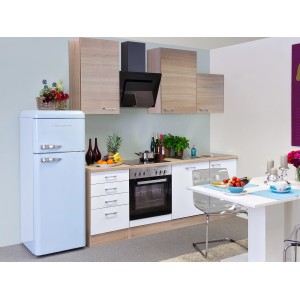 Flex-Well Küchenzeile Florida 220 cm in Sonoma Eiche-Weiß mit E-Geräten und Spüle.