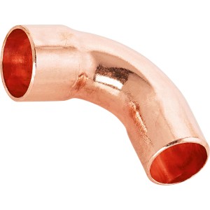 Löt-Bogen Ø 15 mm aus Kupfer, 90-Grad-Winkel für Trinkwasserinstallation.