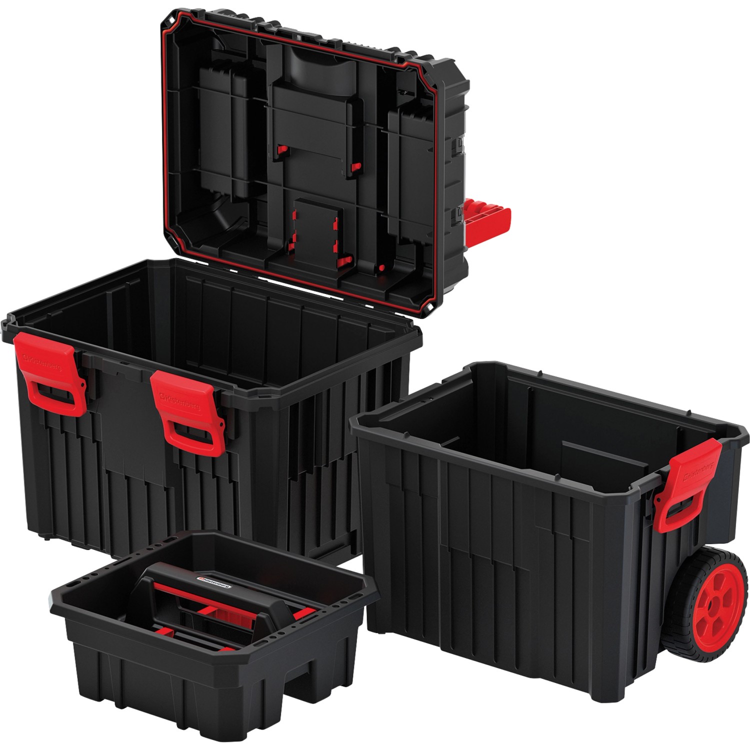 Kistenberg HEAVY Werkzeugtrolley 2 in 1, ein mehrteiliger, schwarzer Werkzeugkoffer mit roten Akzenten und Rollen.