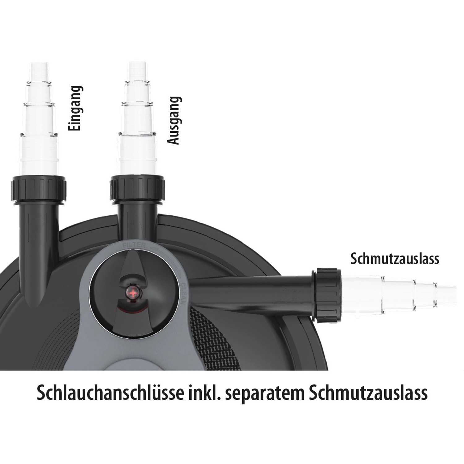Heissner Druckfilter-Set FPU 10000: Details der Schlauchanschlüsse und Schmutzauslass des Teichfilters.