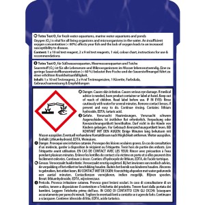 Tetra Wassertest Sauerstoff (O2) für Aquarien: Testreagenzien, Küvette, Farbskala und Anleitung.