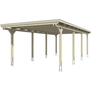 Skan Holz Carport Emsland, Eiche hell, 404x846cm. Einzelcarport aus Holz mit Flachdach und acht Pfosten.