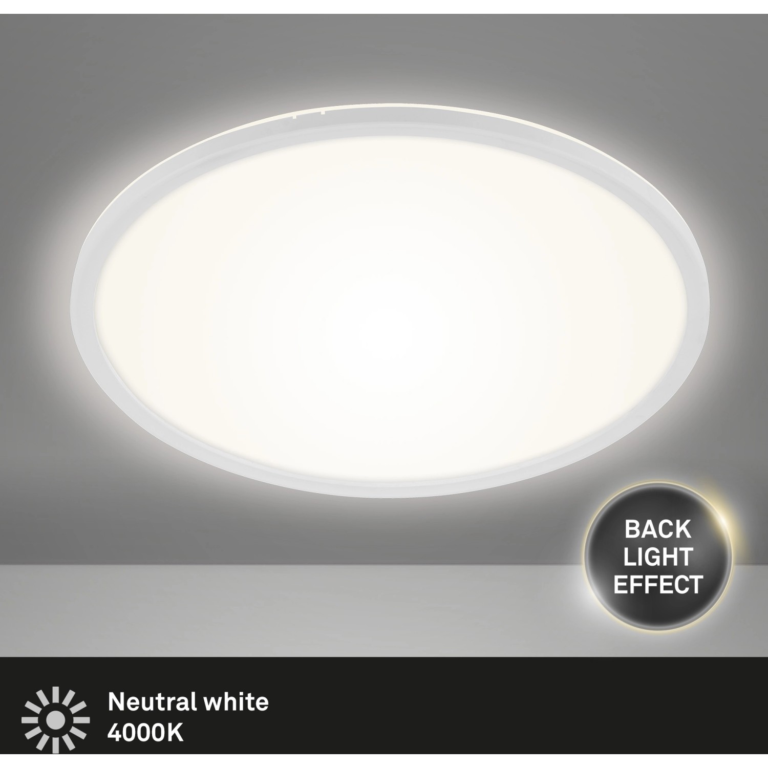 Weiße, runde Brilo LED-Deckenleuchte Slim mit indirekter Beleuchtung und neutralweißem Licht.