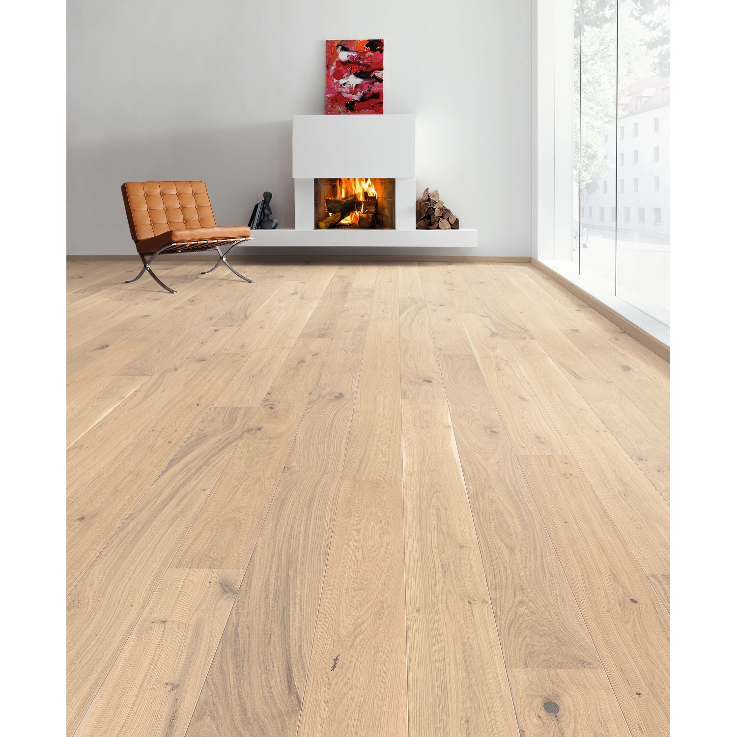 Heller Living by Haro Parkett Eiche Weiß, Landhausdiele mit Naturöl-Finish im Wohnraum.