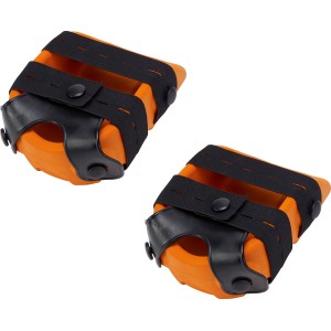 LUX Knieschoner Comfort Orange, Paar Knieschutz mit schwarzen Bändern und Kappe.