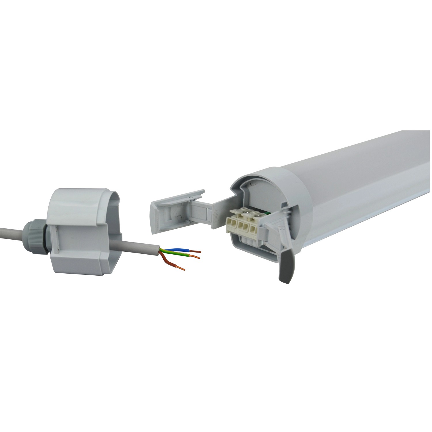 E2 Elektro LED Feuchtraum-Wannenleuchte Pro L 50W Grau mit geöffnetem Anschluss für die Verkabelung.