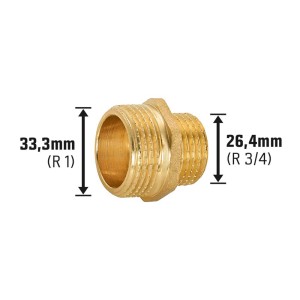 Gewinde-Reduziernippel aus Messing, 26,4 mm (R 3/4) x 33,3 mm (R 1) für Gewindefittings.