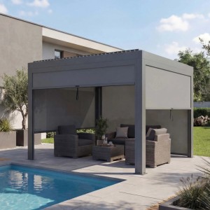 Anthrazitfarbene Pergola MCW L46 3x3m mit Seitenwänden und Sitzgruppe am Pool.
