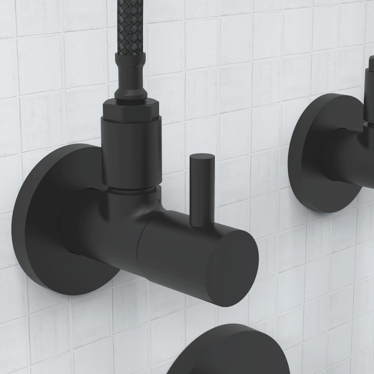 Schwarzes, mattes Kirchhoff Universal Eckventil für Kalt- und Warmwasserleitungen.