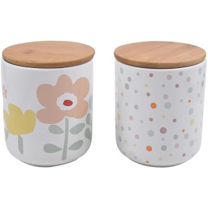 Boltze Vorratsdosen Crysanto, 2-fach sortiert, mit Blumen- und Punktmuster, aus Steingut mit Bambusdeckel.