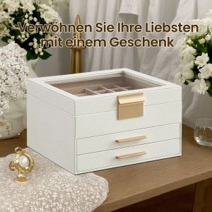 Songmics Schmuckkästchen Greeta, weiß-beige mit 2 Schubladen und Glasdeckel.