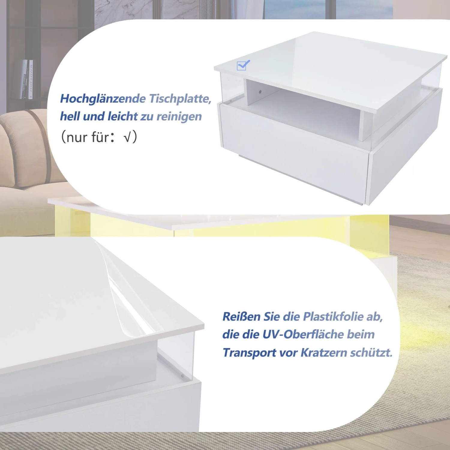 okwish Couchtisch mit LED 2 Schubladen Präsentationsbereich 70x70x41cm Weiß_6