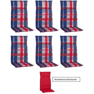 6er-Set Beo Sitzauflagen Hochlehner Gold Coast rot kariert für Gartenstühle.
