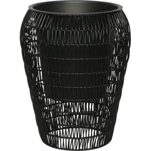 Schwarzes, rundes Polyrattan Pflanzgefäß, 49,5 cm hoch, für Garten und Balkon.