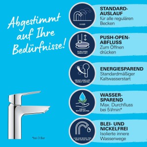 Grohe QuickFix Waschtischarmatur Start S-Size, Chrom, mit Energiesparfunktion und Hinweisen zu den Produkteigenschaften.
